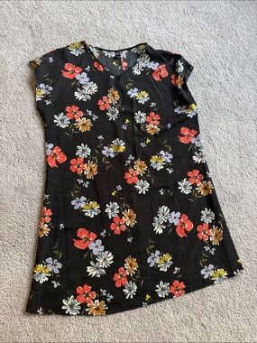 Black Floral Mini Dress with Red & White Blooms